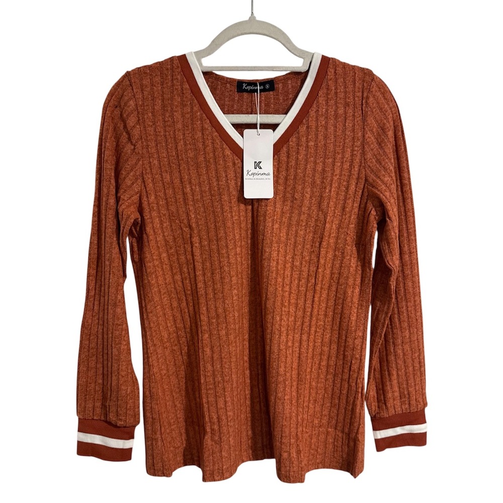 Kopinma Womens Rust Orange Ribbed Knit V-Neck Top Long Sleeve Varsity Trim Small